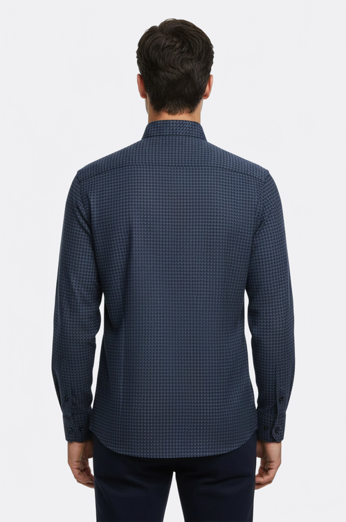 Damask Pattern Slim Fit Long Sleeves Blue Men Shirt - Wessi