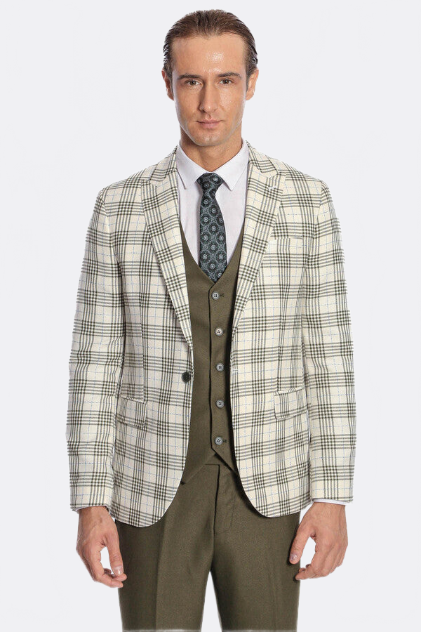 Checked Slim Fit Green Men Suit - Wessi