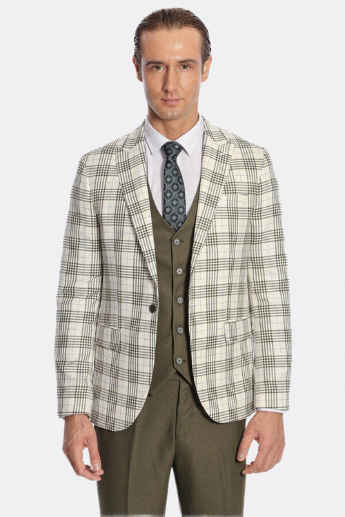 Checked Slim Fit Green Men Suit - Wessi
