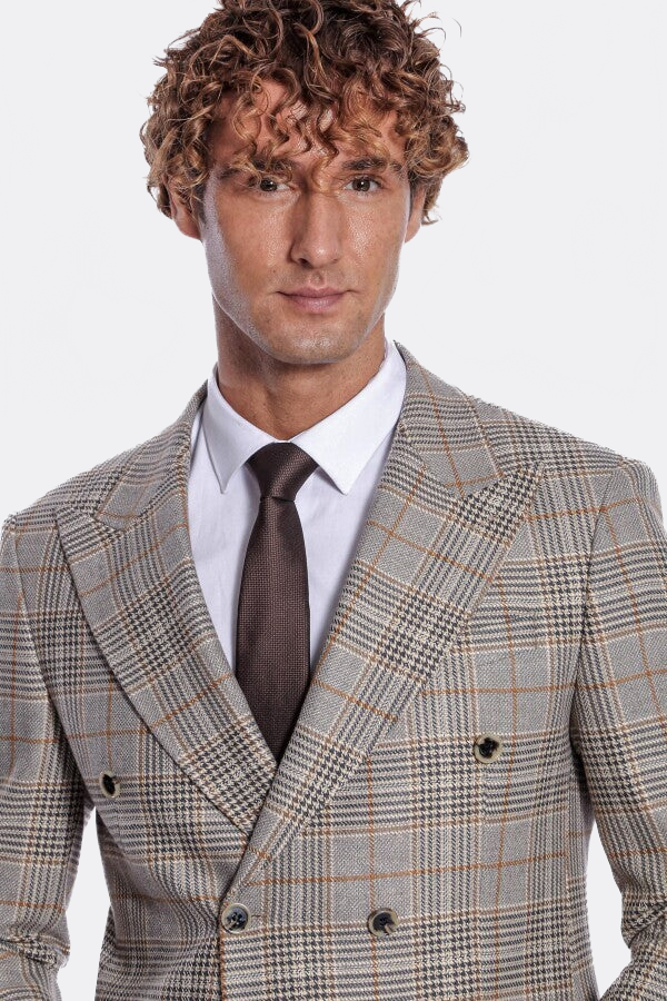 Checked Double Breasted Brown Men Blazer - Wessi