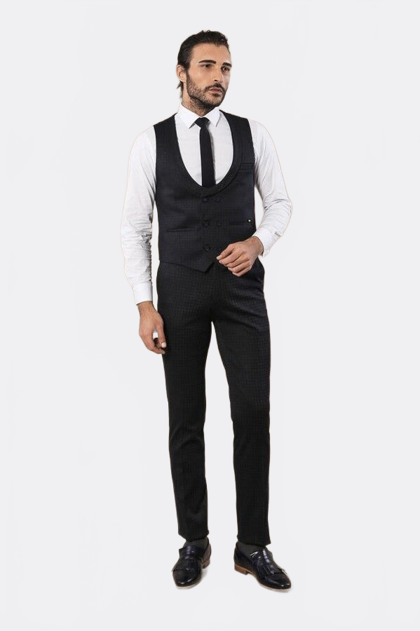 Patterned Double Breasted Navy Blue Men Trousers Vest Set - Wessi