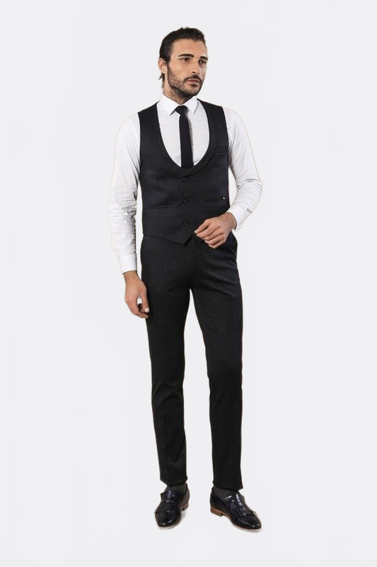 Patterned Double Breasted Navy Blue Men Trousers Vest Set - Wessi