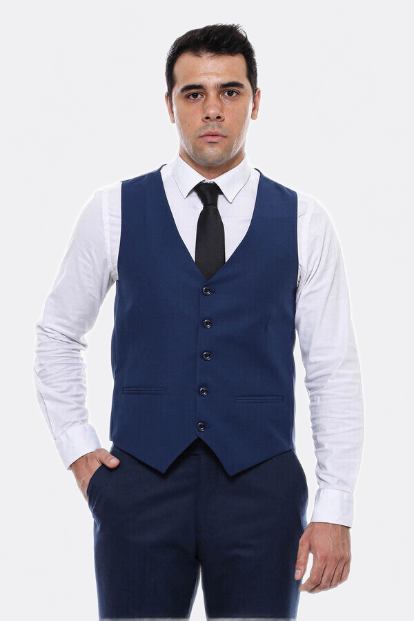 Plain Slim Fit Navy Blue Men Vest - Wessi
