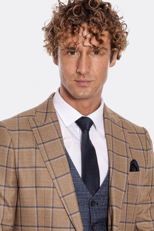 Slim Fit Checked Patterned Brown Men Suit - Wessi