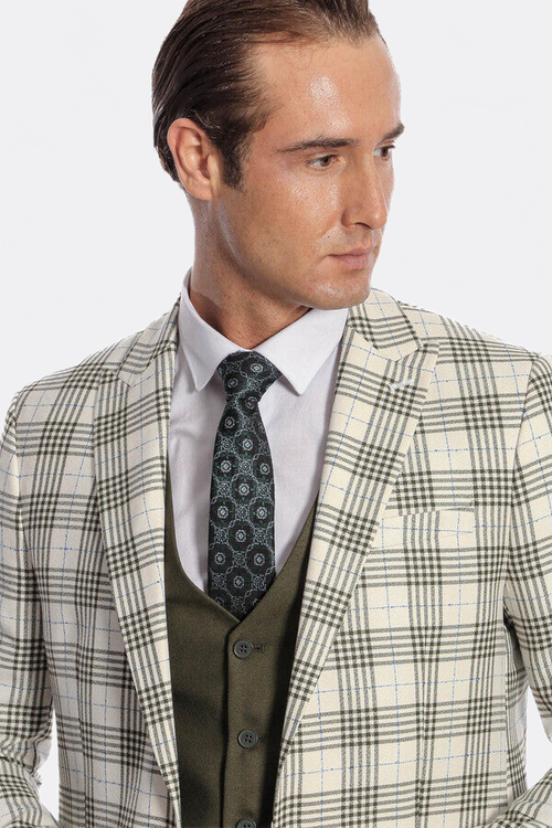 Checked Slim Fit Green Men Suit - Wessi