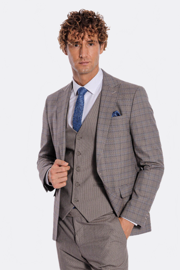 Checked Slim Fit Light Brown Men Suit - Wessi