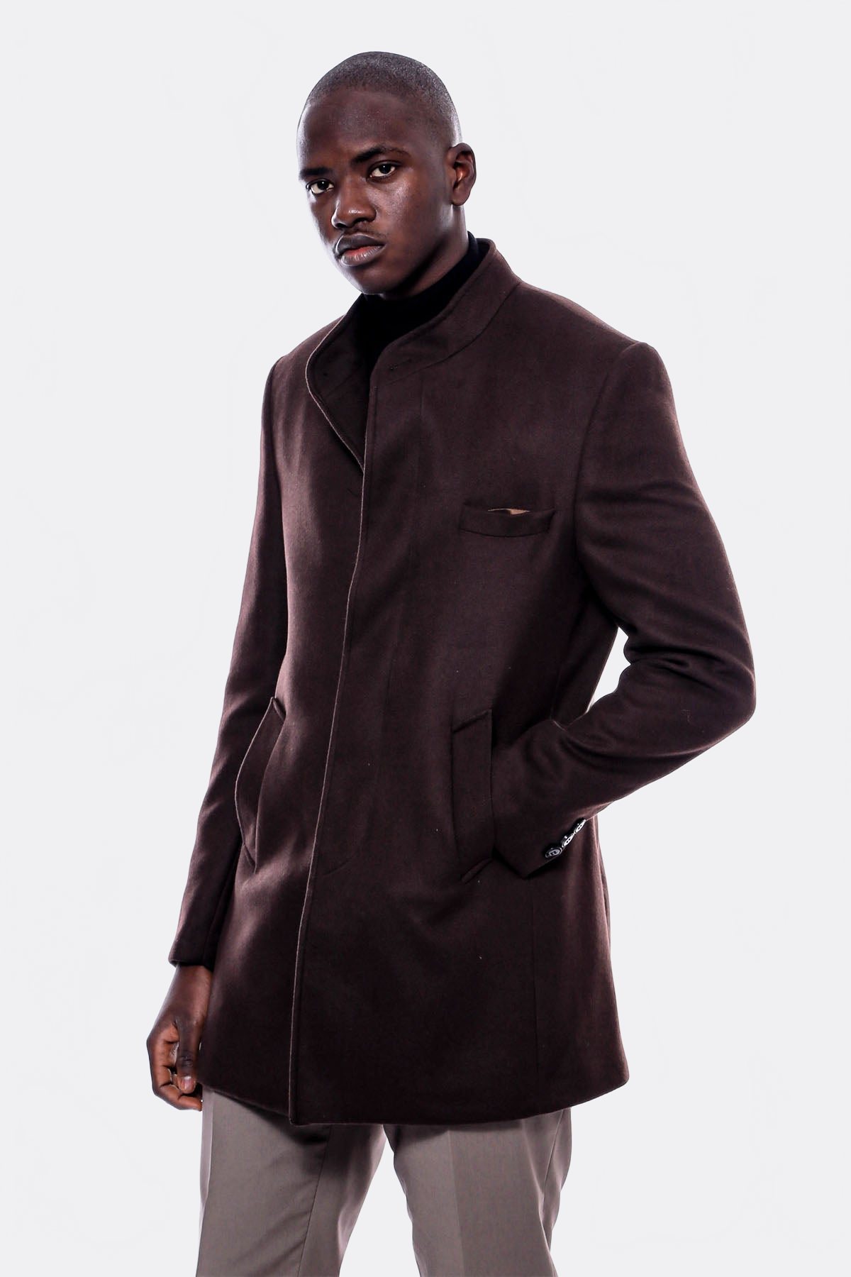 Mandarin Collar Brown Cachet Coat - Wessi