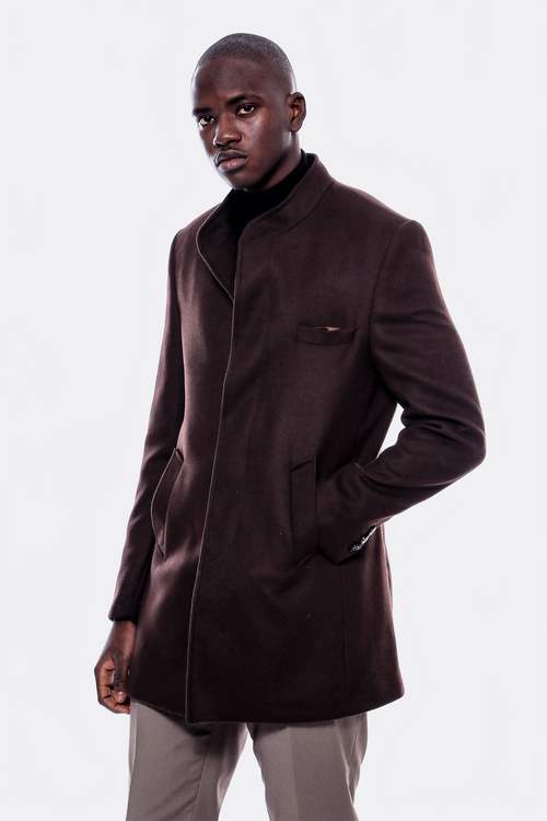 Mandarin Collar Brown Cachet Coat - Wessi