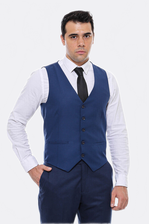 Plain Slim Fit Navy Blue Men Vest - Wessi