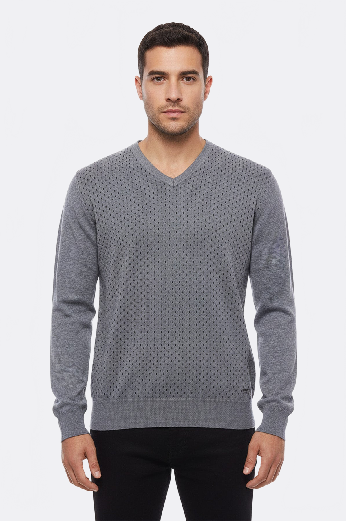 Dot Patterned V Neck Grey Sweater - Wessi
