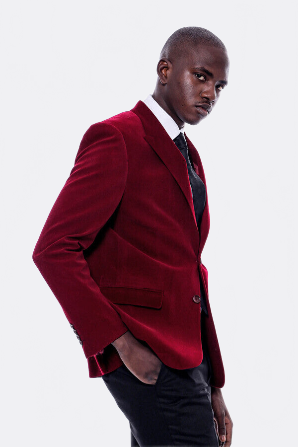 Wide Peak Lapel Velvet Burgundy Men Blazer - Wessi