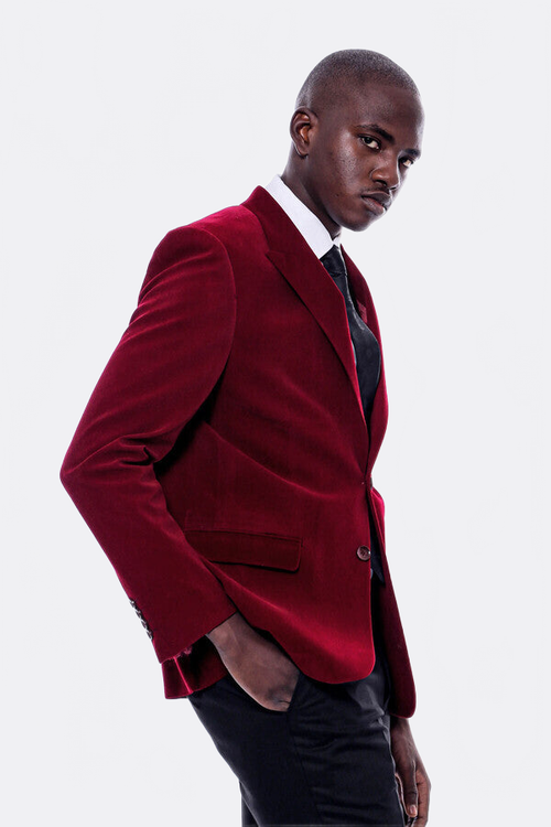 Wide Peak Lapel Velvet Burgundy Men Blazer - Wessi