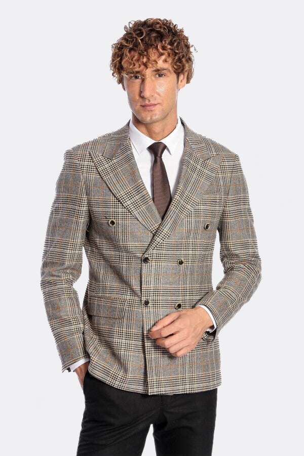 Double Breasted Checked Grey Men Blazer - Wessi