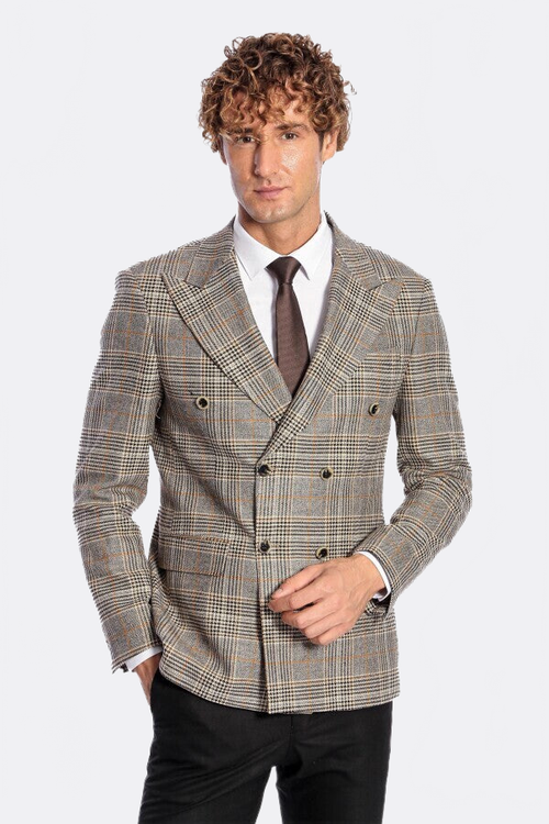 Double Breasted Checked Grey Men Blazer - Wessi