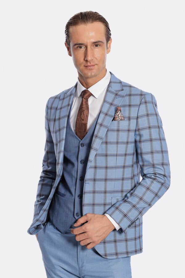 Checked Patterned Slim Fit Blue Men Suit - Wessi