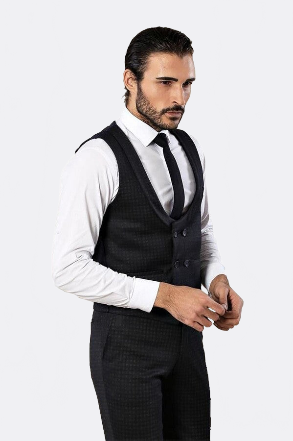 Patterned Double Breasted Navy Blue Men Trousers Vest Set - Wessi