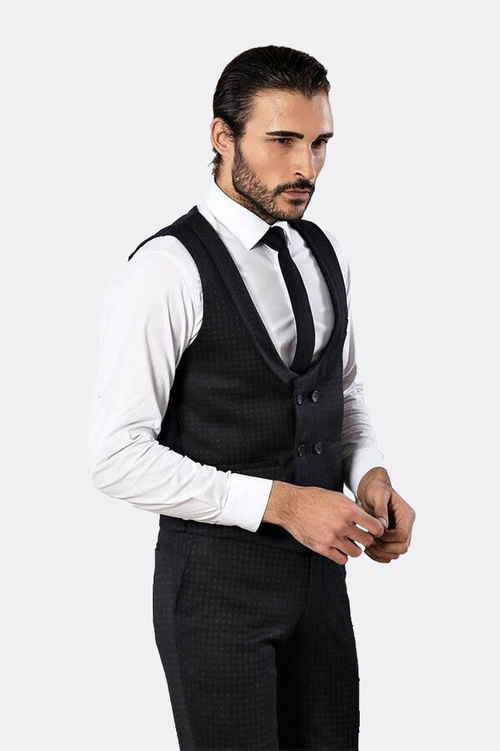 Patterned Double Breasted Navy Blue Men Trousers Vest Set - Wessi