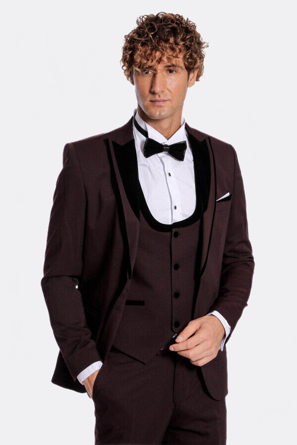 Velvet Lapel Vested Patterned Burgundy Men Tuxedo - Wessi
