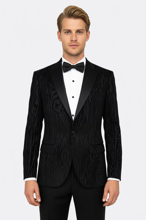 Slim Fit Zebra Patterned Black Prom Blazer - Wessi