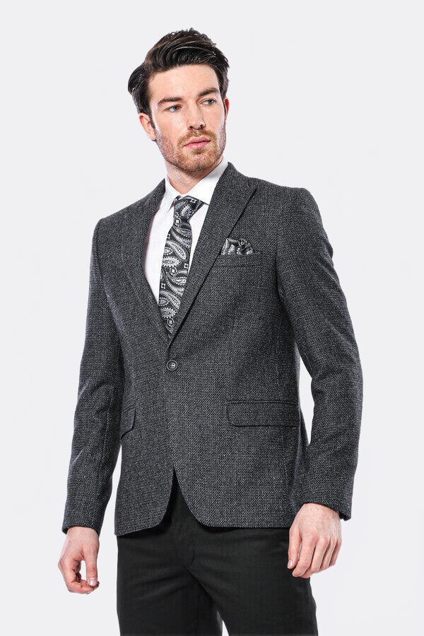 Peak Lapel Dark Grey Blazer - Wessi