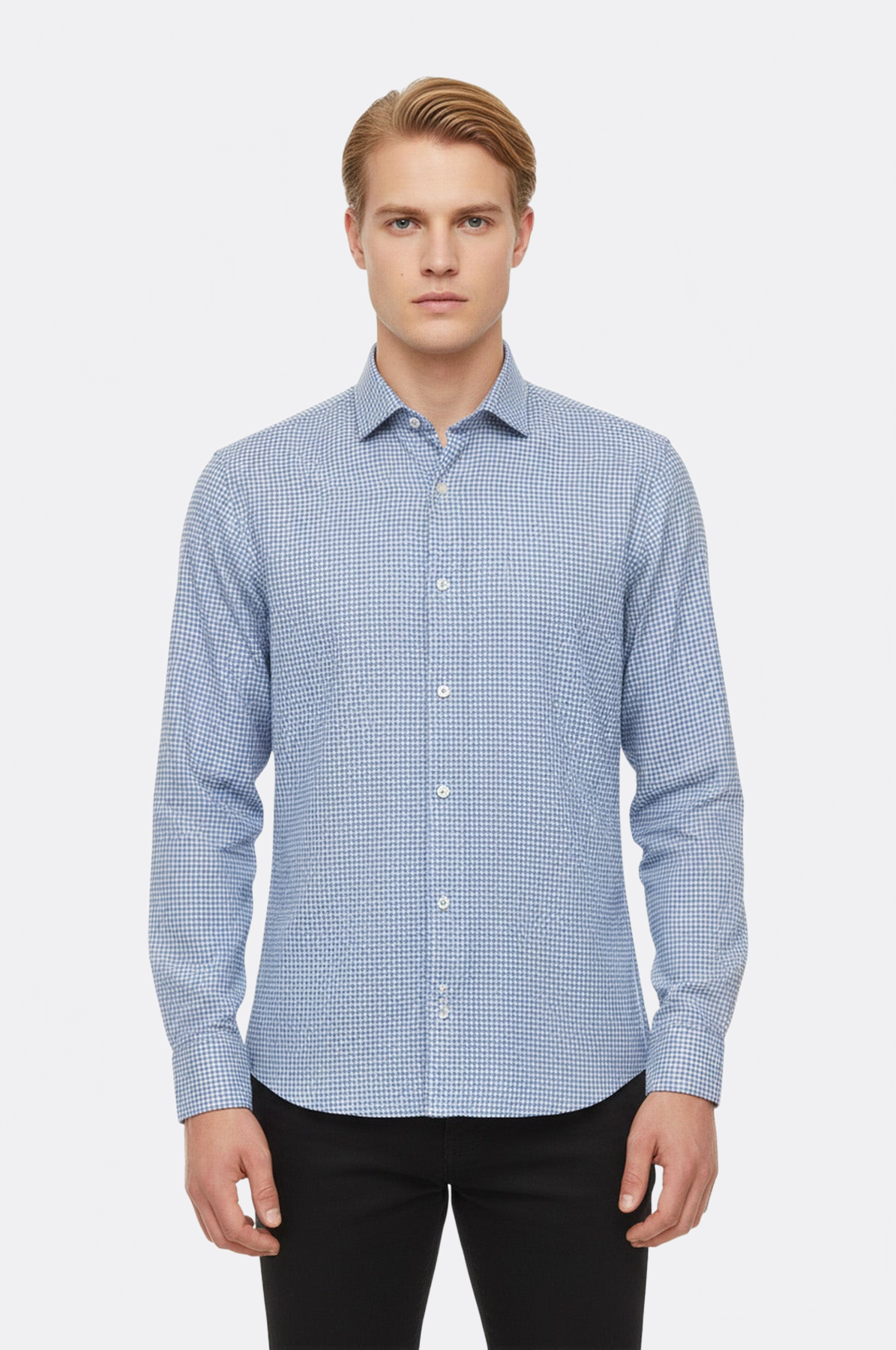 Houndstooth Pattern Sky Blue Men Shirt - Wessi