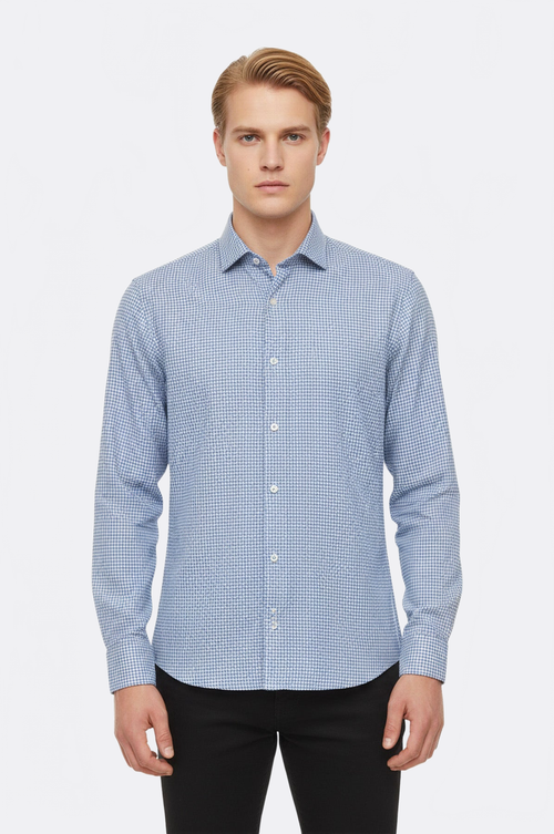 Houndstooth Pattern Sky Blue Men Shirt - Wessi