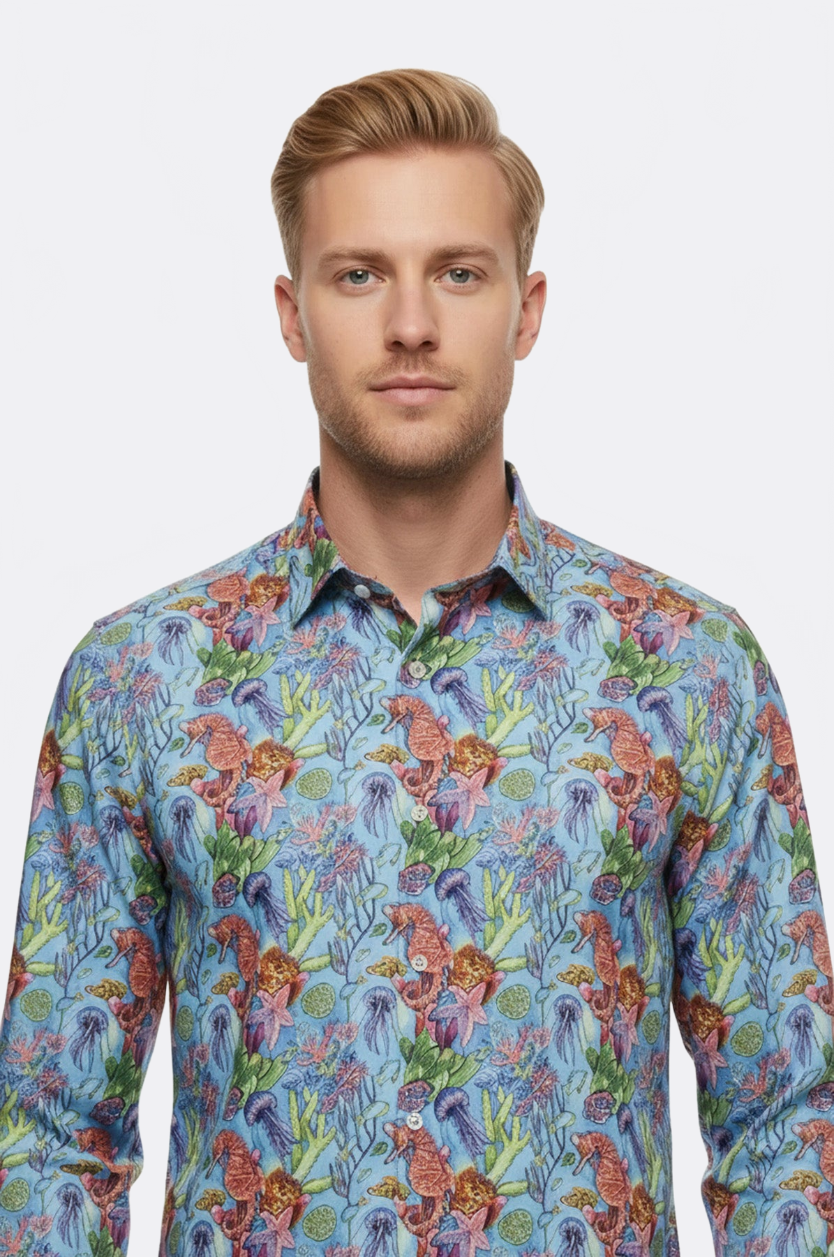 Red Floral Patterned Slim-Fit Long Sleeves Navy Blue Shirt - Wessi