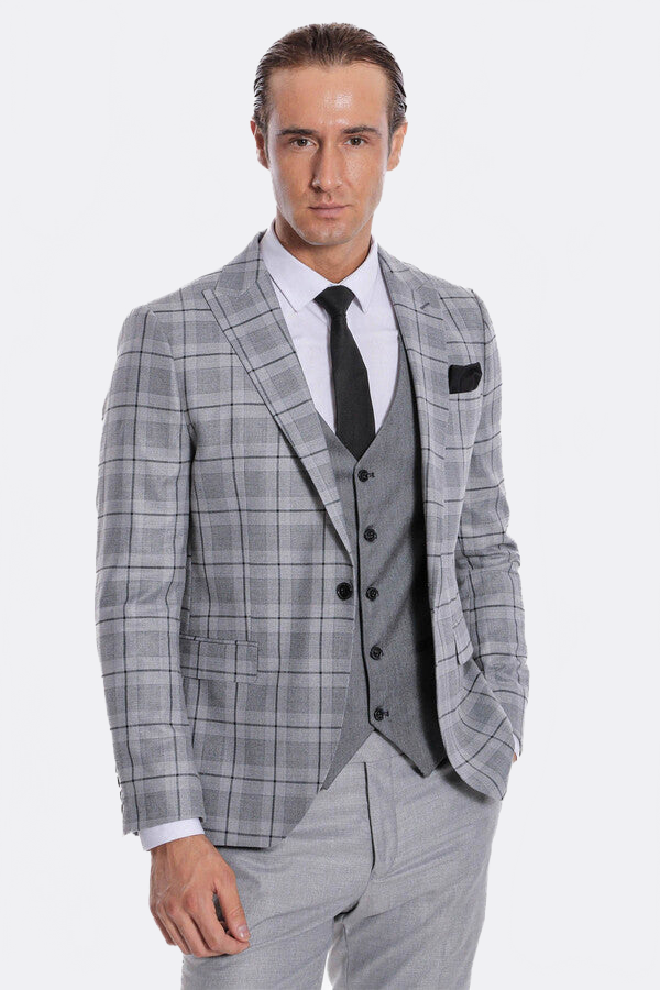 Slim Fit Checked Grey Men Suit - Wessi