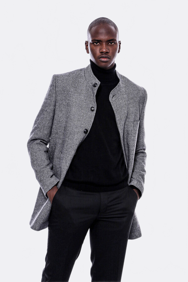 Mandarin Collar Grey Short Coat - Wessi