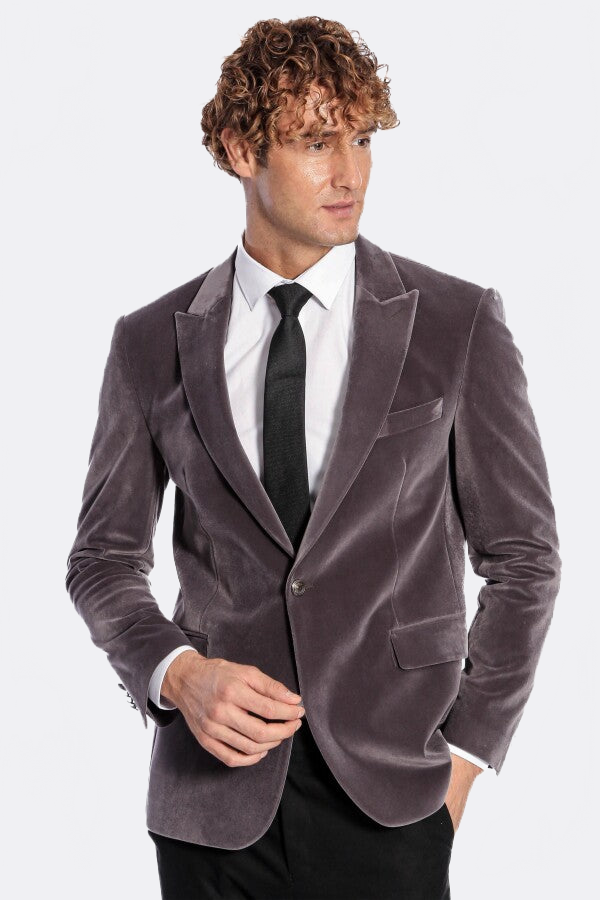 Wide Peak Lapel Single Button Velvet Grey Men Blazer - Wessi