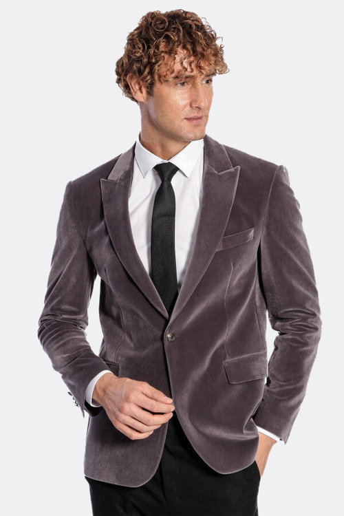 Wide Peak Lapel Single Button Velvet Grey Men Blazer - Wessi