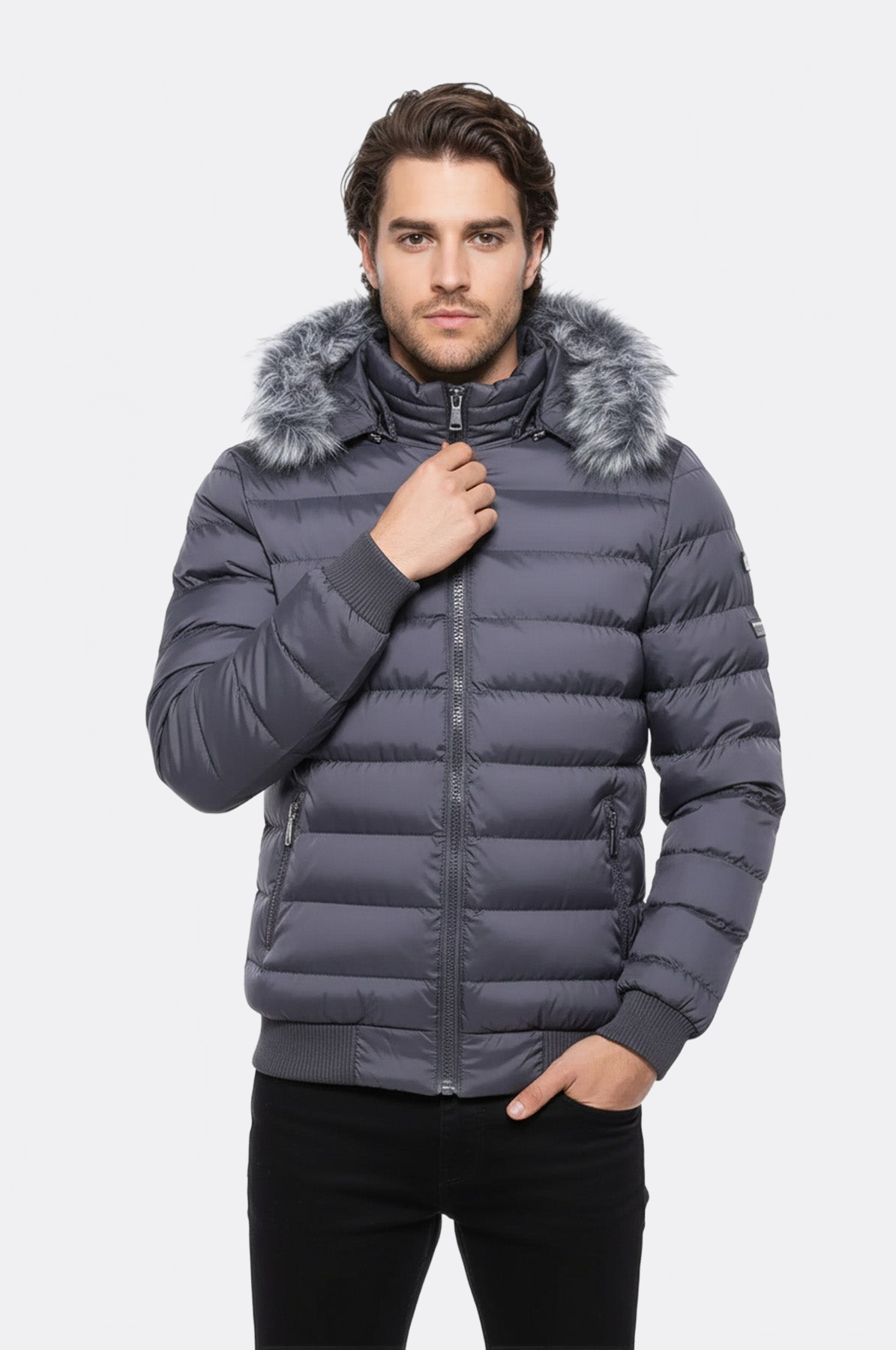Grey Men's Puffer Coat with Fur - Wessi