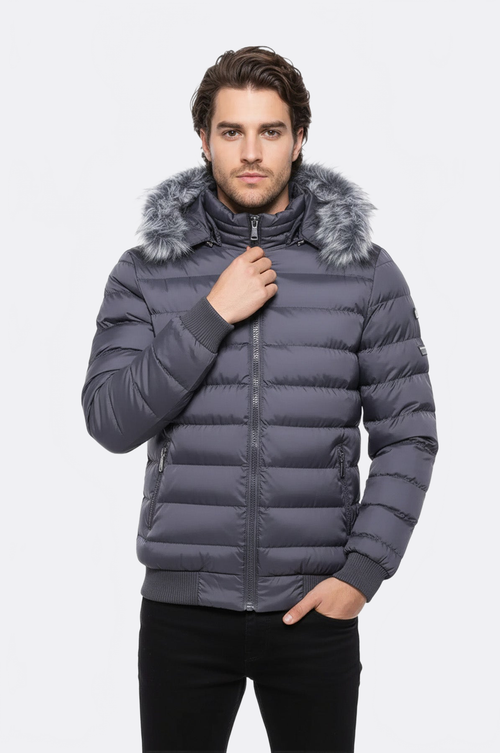 Grey Men's Puffer Coat with Fur - Wessi
