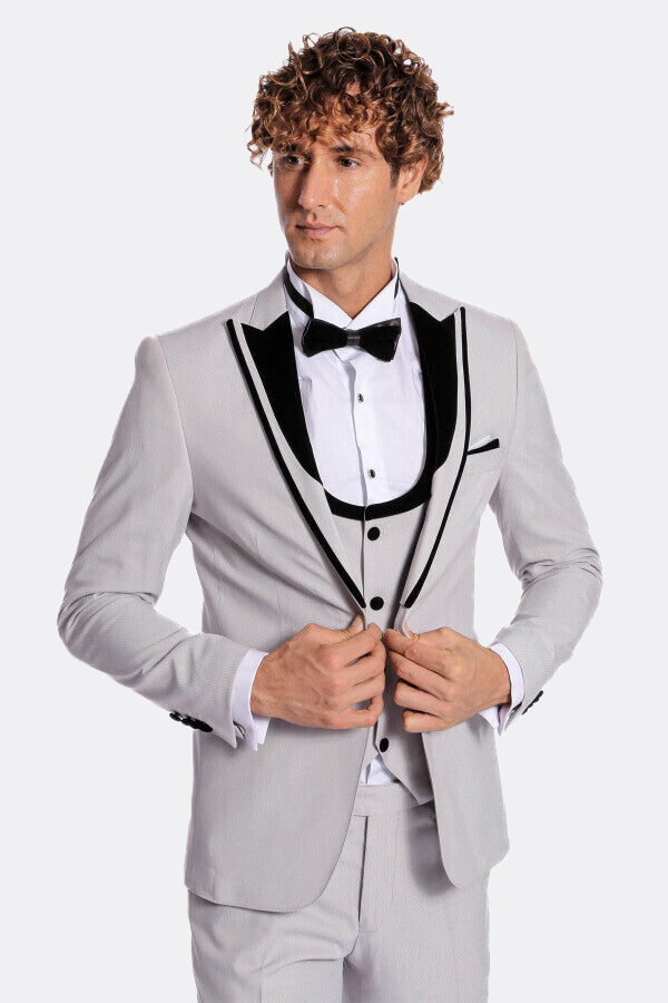 Velvet Lapel Vested Patterned Grey Men Tuxedo - Wessi