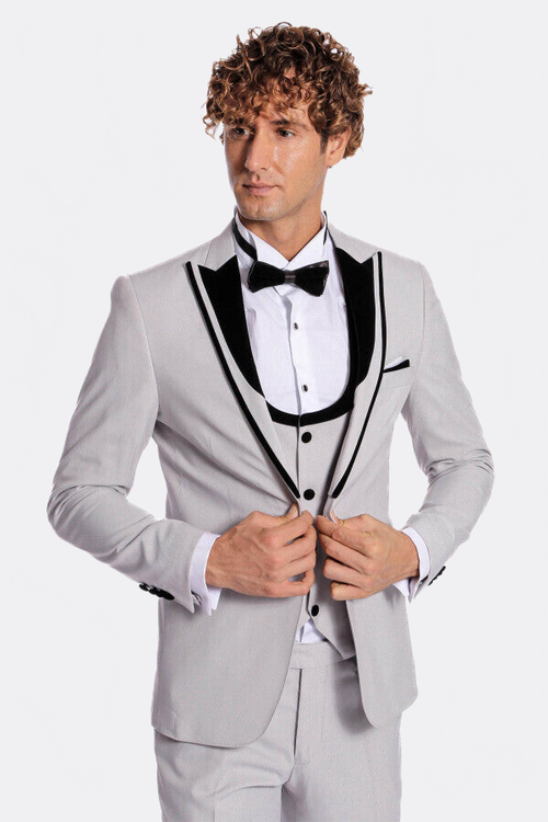 Velvet Lapel Vested Patterned Grey Men Tuxedo - Wessi