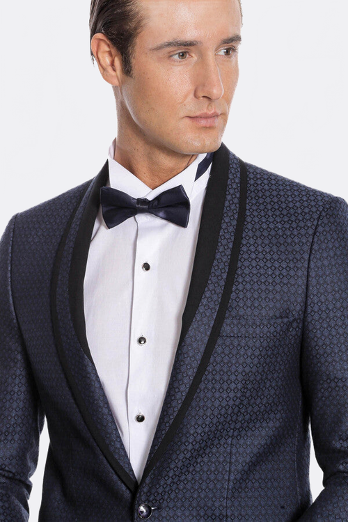 Shawl Lapel Patterned Slim Fit Navy Blue Tuxedo | Wessi