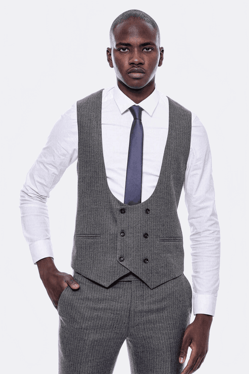 Striped Dark Beige Double Breasted Suit - Wessi