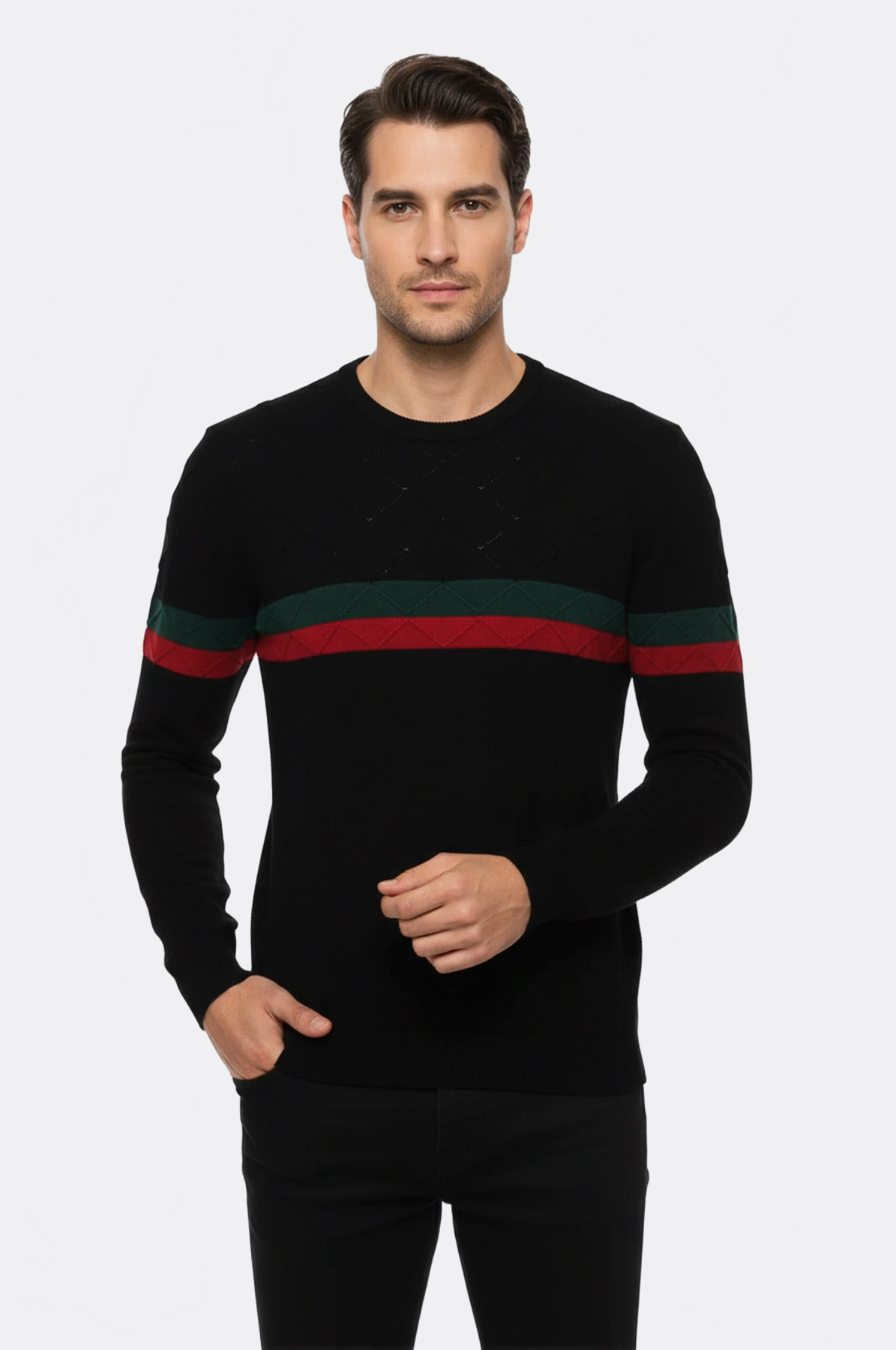 Crew Neck Knitwear Chest Striped Over Black - Wessi