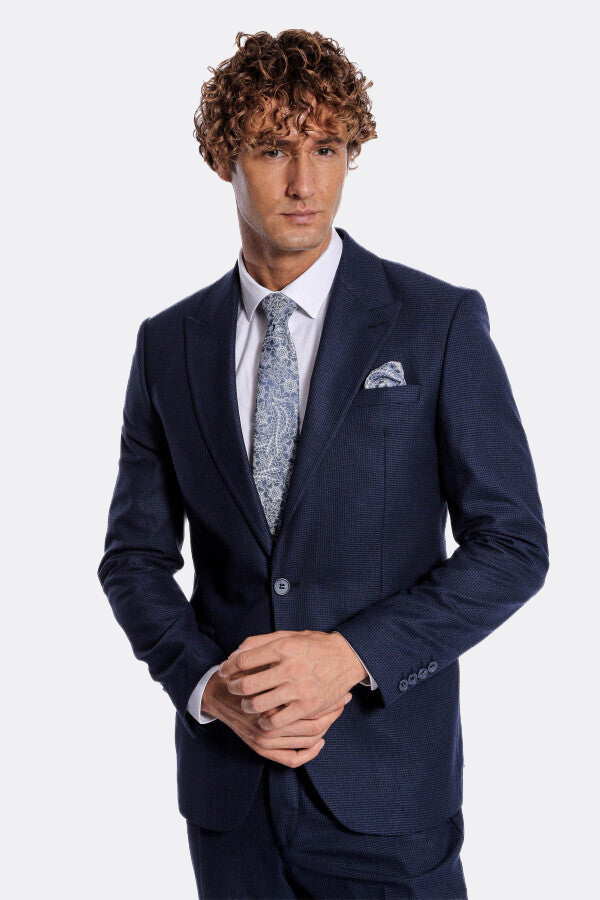 Two Piece Patterned Navy Blue Men Suit - Wessi