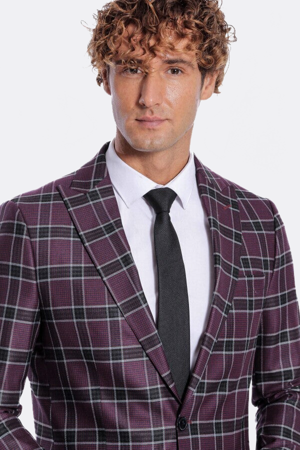Slim Fit Peak Lapel Purple Men Blazer - Wessi