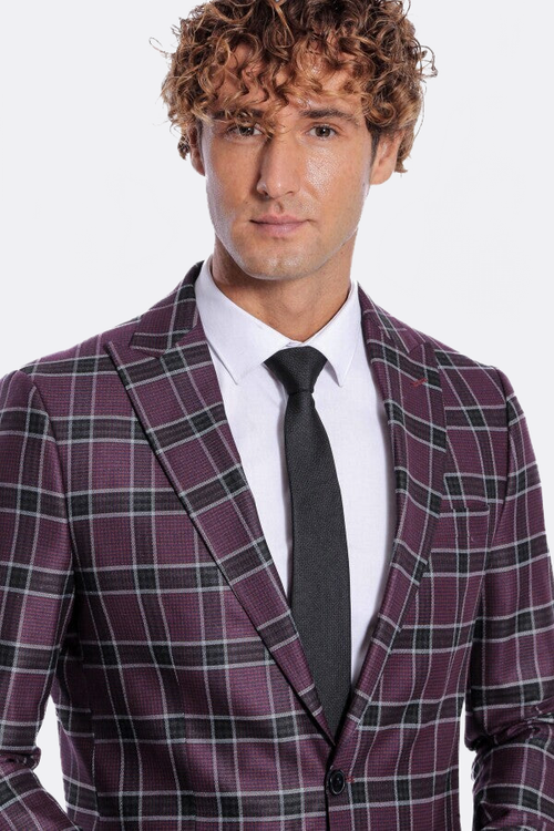 Slim Fit Peak Lapel Purple Men Blazer - Wessi