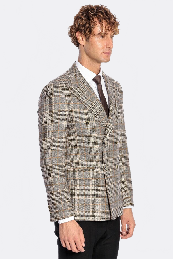 Double Breasted Checked Grey Men Blazer - Wessi