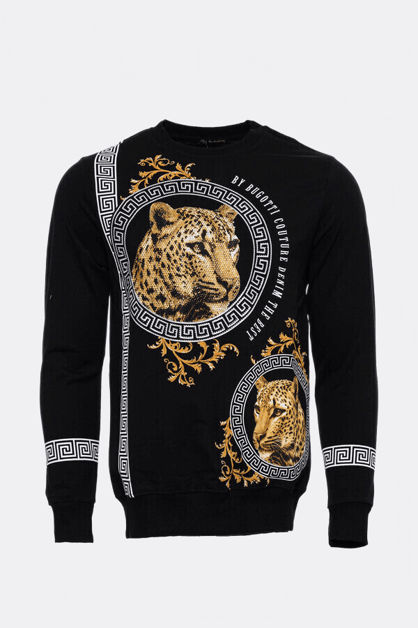 Hooded Silver Grey Tiger Patterned Black Slim Fit Sweatshirt - Wessi