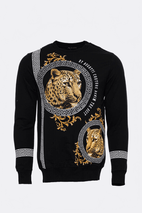 Hooded Silver Grey Tiger Patterned Black Slim Fit Sweatshirt - Wessi
