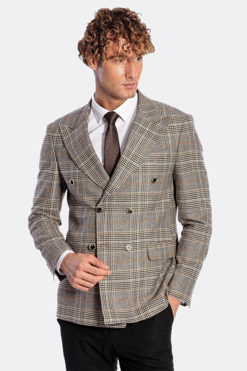 Double Breasted Checked Grey Men Blazer - Wessi