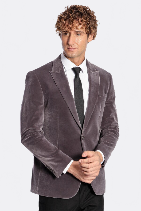 Wide Peak Lapel Single Button Velvet Grey Men Blazer - Wessi