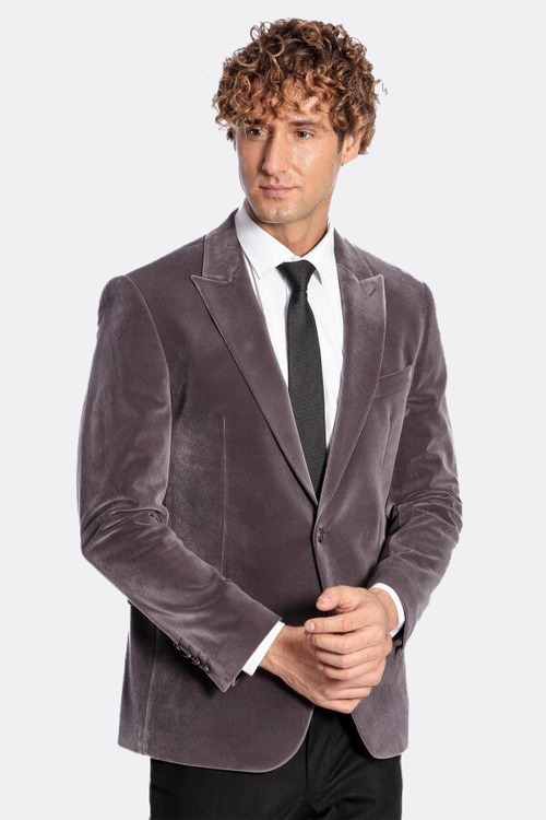 Wide Peak Lapel Single Button Velvet Grey Men Blazer - Wessi