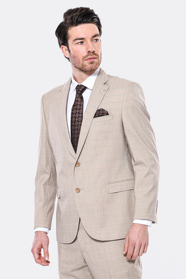 4 Drop Checked Regular Fit Beige Suit - Wessi