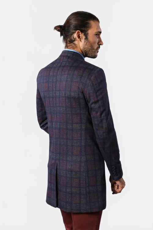 Double-Breasted Plaid Burgundy Men Coat - Wessi