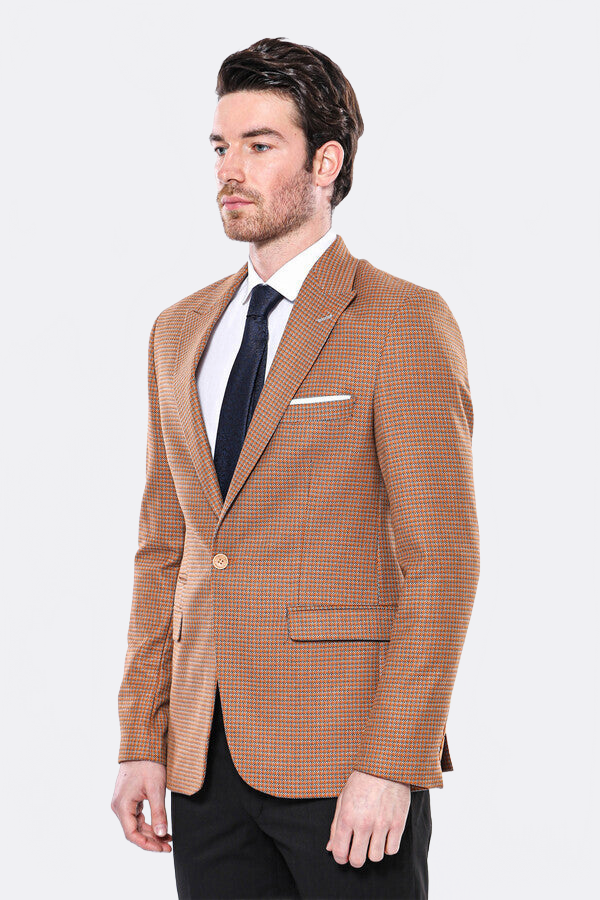 Patterned Orange Slim-Fit Blazer - Wessi